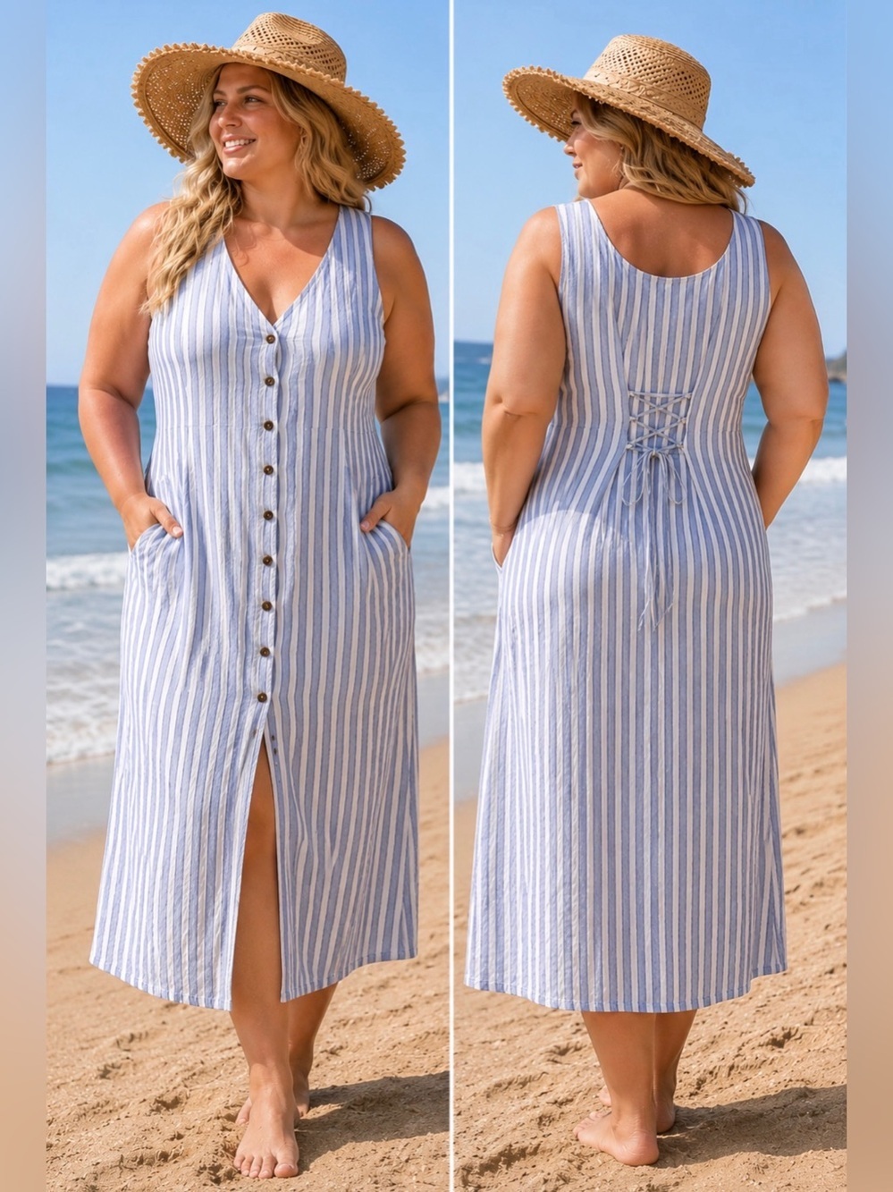 Coastal boho Sleeveless Linen-Blend Button-Front Midi Shift Dress - Picture 1 of 7